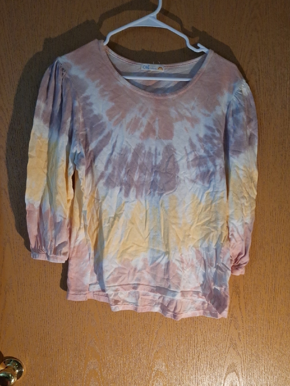 C&C California Pastel Tie-Dye Long Sleeve Scoop Neck Top - Pink & Yellow